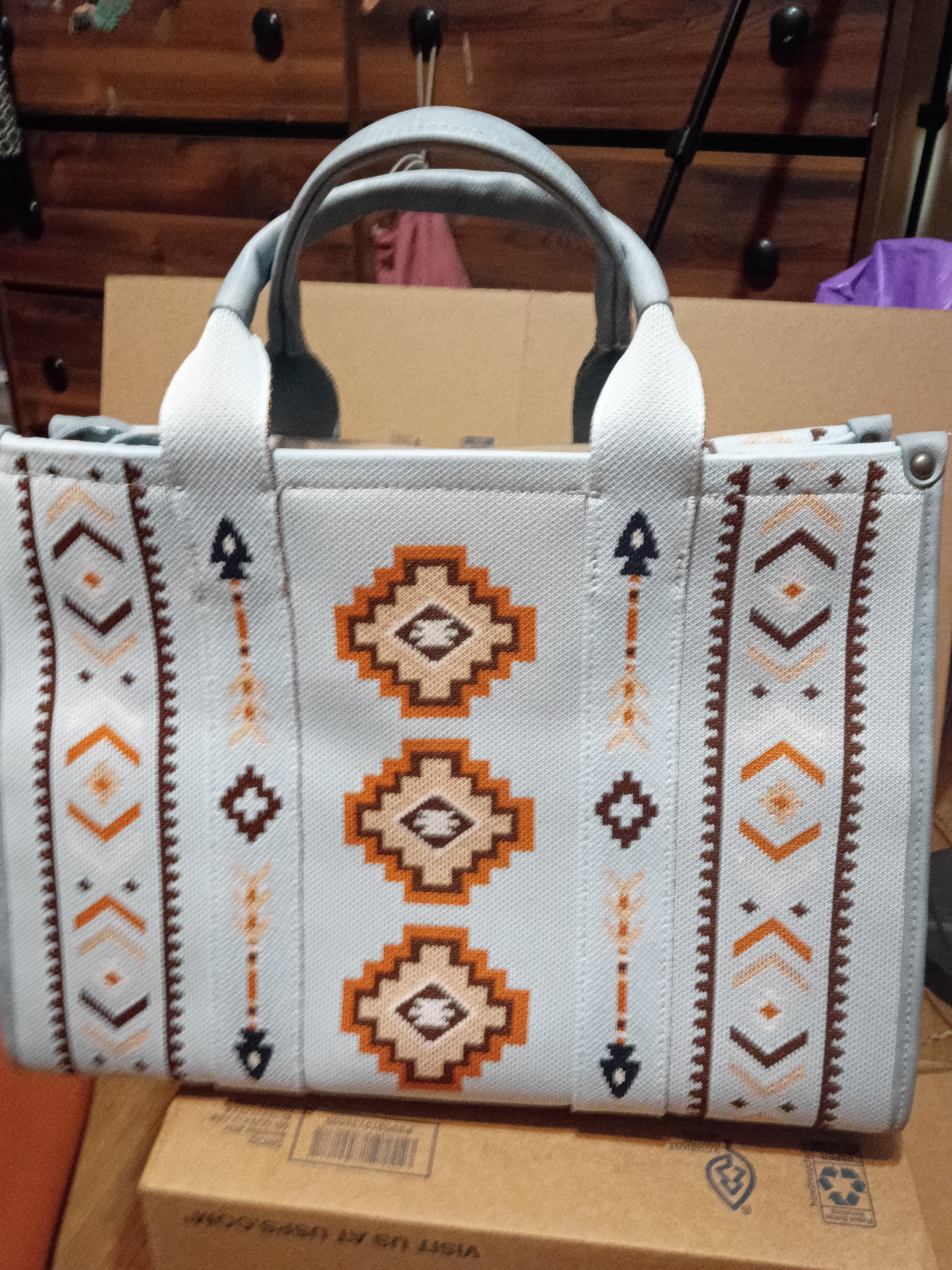 Montana West Light Blue Tote With Orange & Brown Southwestern Embroidery